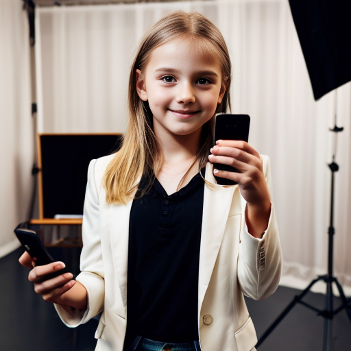 A spoiled very beautiful girl with blonde hair a white blazer and an expensive phone in her hand. She is in a fancy studio with cameras around her she is 11 years old