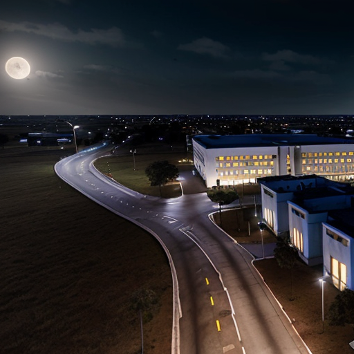 Night aerial view of a large engineering university campus, academic buildings, boys hostel, empty roads, cold blue moonlight, eerie atmosphere, cinematic animated horror movie style, Khooni Monday style