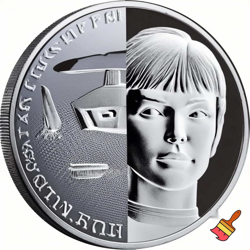 A silver commemorative coin in JFK half-dollar style, highly detailed metallic finish. Front side: Grok AI logo (stylized 'X' or robot symbol) embossed in relief with "GROK" text around the rim. Reverse side: portrait of T'Pol from Star Trek Enterprise in Vulcan attire with pointed ears, raised hand in Vulcan salute, "LIVE LONG AND PROSPER" text around the rim. Professional numismatic photography, sharp details, reflective silver surface, studio lighting.