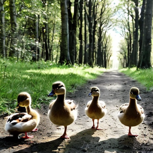 Mother duck and five little ducks go in for a walk in the forest