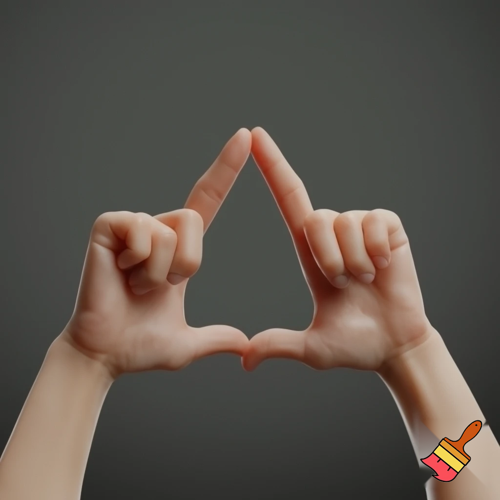 two hands in a fist, the pointer finger and thumb are out, the hands are aside eachother making a triangle shape like a warning symbol.