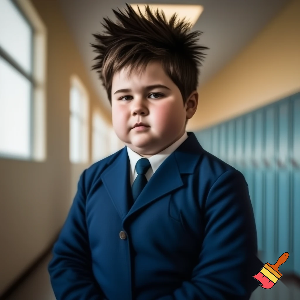 A teenager boy with haircut spiky hair , chubby in school uniform 