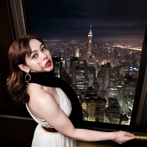 full merged narrative of your reimagined Ann Darrow in a Japanese anime manga-style adaptation of King Kong (2005):

🗽 King Kong: The Mistaken Beauty — Anime Manga Novelization
Chapter 1: The Spotlight
She stands center stage in a grand, gilded theater, bathed in golden light. Her dark hazelnut bronde hair cascades in soft waves, framing a face lit by bold red lips and eyes full of mystery. She wears a form-fitting, sleeveless white evening gown that hugs her silhouette like a second skin. Full opera-length gloves add a touch of vintage elegance, while a separate draped scarf at the back of her neck creates the illusion of a cowl neckline—an homage to the original Ann Darrow.
Her accessories shimmer: elaborate rhinestone earrings, each composed of two diamond-shaped segments, catch the light with every movement. Draped low around her waist is a gold chain belt, with extra loops that swing gently as she walks, adding a rhythmic sparkle to her graceful steps.
She is not Ann Darrow. She is the Iranian Jewish heroine—an actress, a dreamer, a woman caught in the wrong myth.
Chapter 2: The Mistake
Suddenly, the theater trembles. A shadow looms. The audience screams. From above, Kong descends—his massive form silhouetted against the city skyline. His eyes lock onto her. Confused. Haunted. Hopeful.
He reaches out.
She freezes, arms outstretched in a dramatic pose, caught between terror and awe. The rhinestones glint. The scarf flutters. The illusion is complete.
Kong grabs her.
The crowd gasps. The city holds its breath.
Chapter 3: The Realization
High above the streets, atop the Empire State Building, Kong cradles her gently. She speaks—softly, in a language he doesn’t understand. Her voice is calm, her gaze steady. She is not Ann, but she is something else: brave, kind, radiant.
Kong stares. The illusion fades. He realizes the truth.
Too late.
The planes arrive. The city’s fury rains down. She screams—not in fear, but in protest. Kong shields her, wounded but resolute.
Chapter 4: The Legacy
She survives. Kong does not.
But the world remembers her—not as a mistaken identity, but as a symbol of grace under pressure. Her image becomes iconic in manga panels: the white gown, the gold belt, the rhinestone earrings, the moment of mistaken beauty that changed everything.