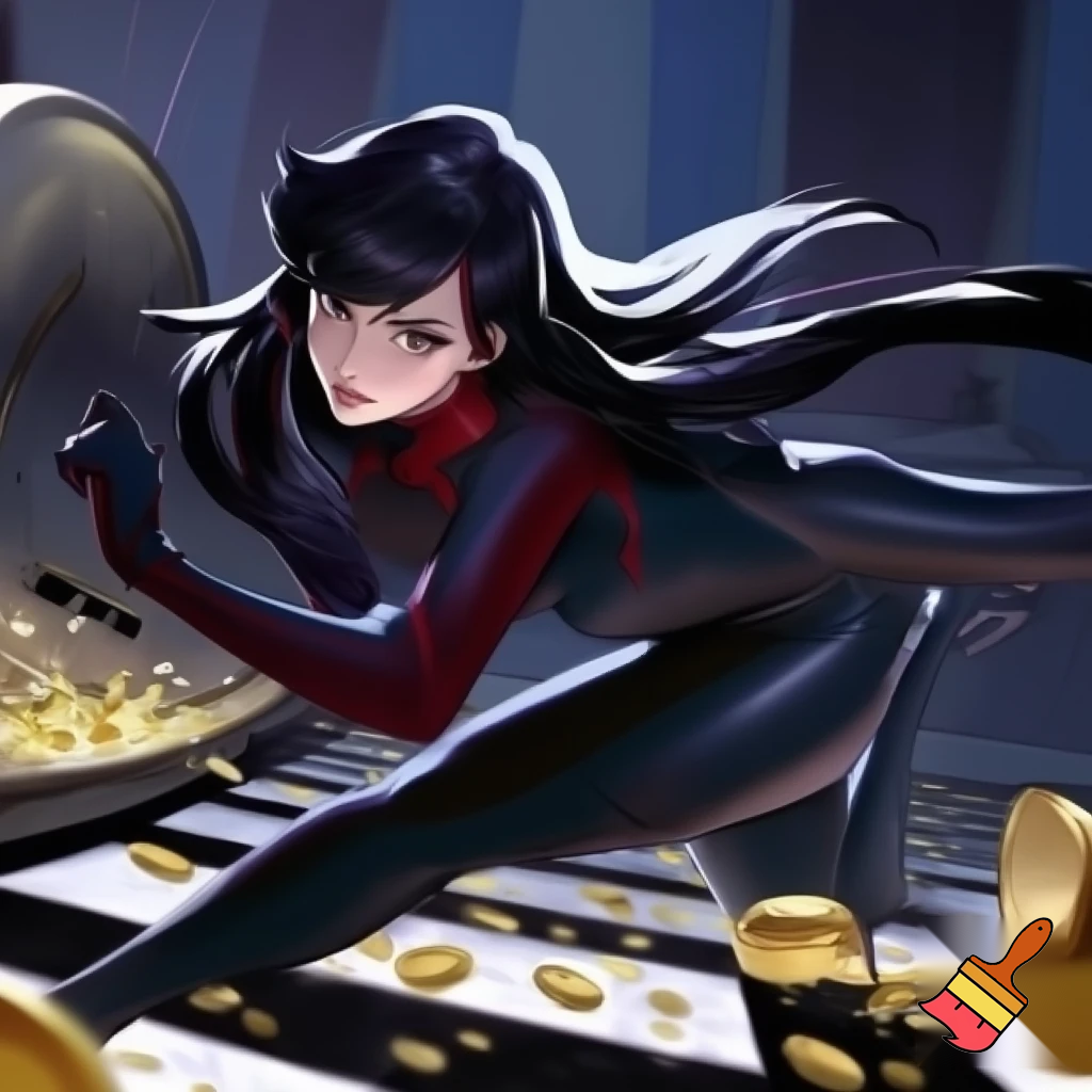 A anime girl with black long hair with bangs robbing a bank