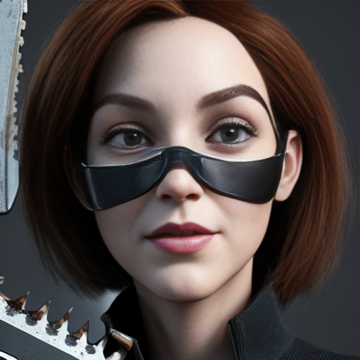 Photo of a pphotorealistic woman, lookalike of Edna from the Incredibles, very attractive facial features, very young looking for her age, 45 yo. The woman is wearing a broken Jason mask (covering only 3/4 of the face, with the top left quarter being uncovered, her deep brown eye visible. Is wearing a very modern elegant b&w outfit, holding chainsaw in hand.