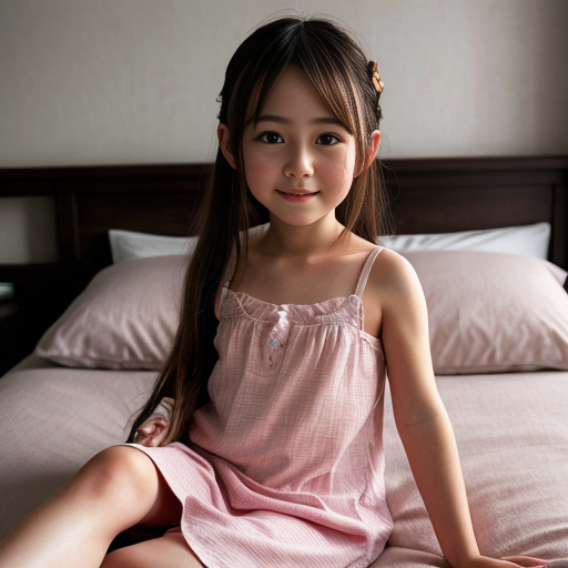 japanese little girl, long hair, nightdress, bedroom background