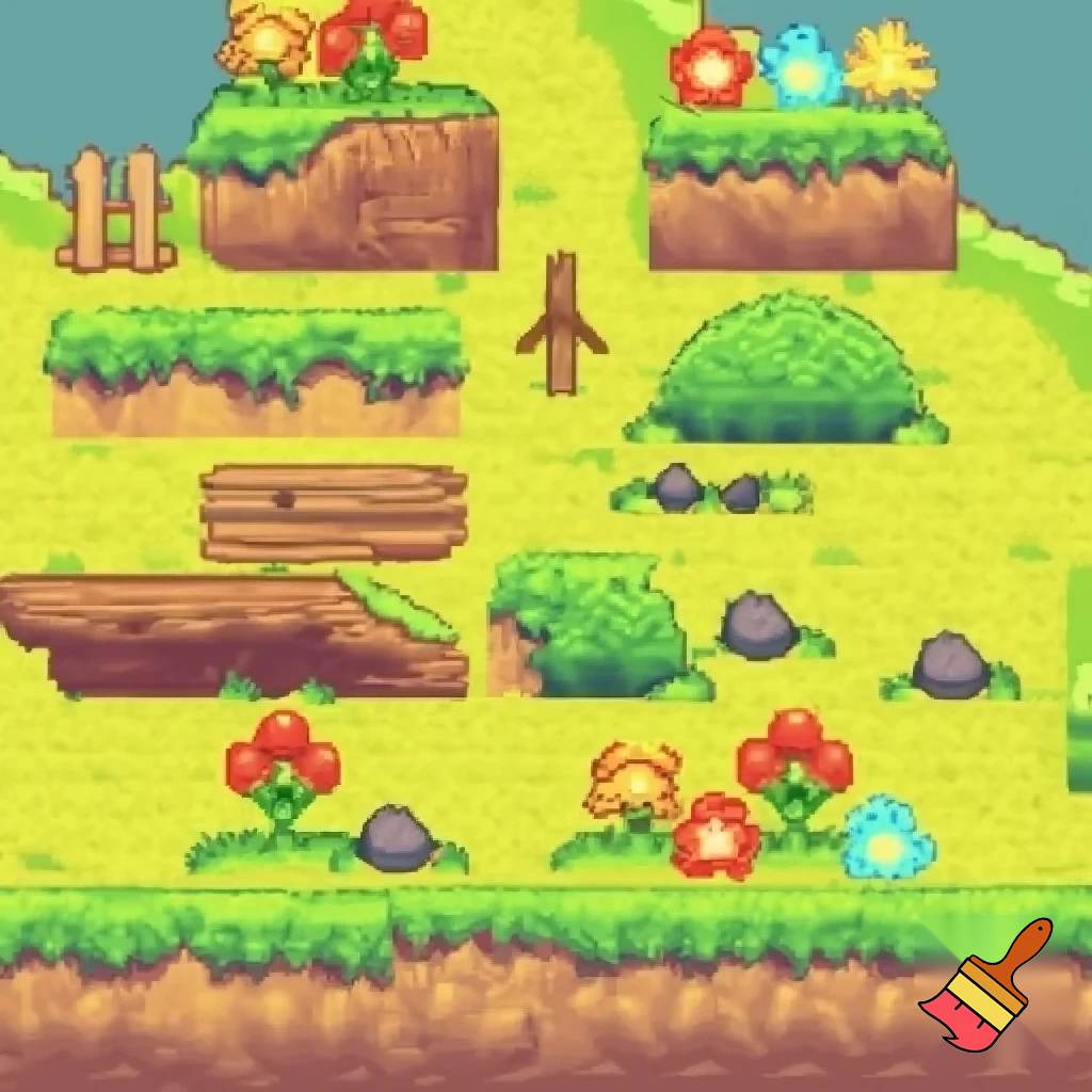 Dibujar decoración para juegos pixel art de plataforma 2d ambientado en el campo 