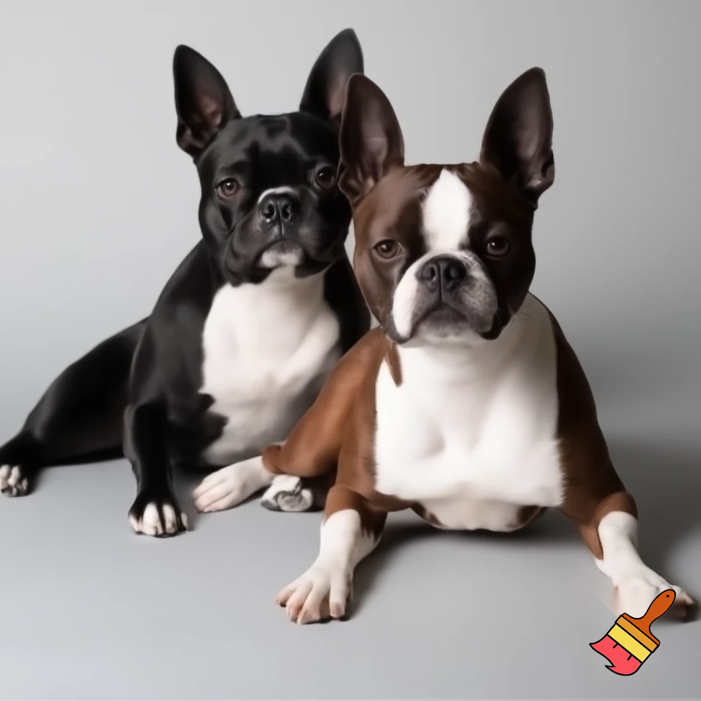 two boston terriers, one black and white and one brown and white
one laying down and the other sittibg behind them
