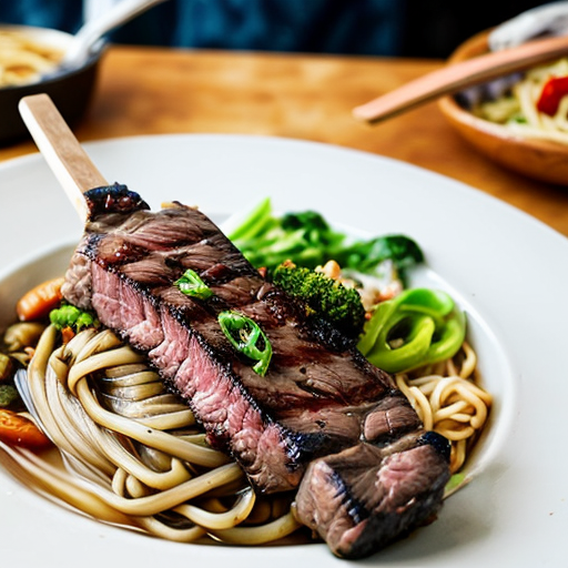 A dog eating a burnt steak with noodles
