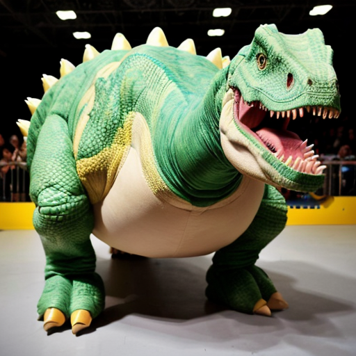 garney the a fattest an green color a dinosaur + yellow color an belly & yellow color an spike + White color an Toen-Nails + Green color an tailed with a 8 an Circle a Yellow color an sided a views the a tailed + Green color an headed with a yellow color an spiked a spined an big an headed an costume mascote in realistic photography the a physics an video a style and 2015-2026 an children the a dinosaur an fictional a style