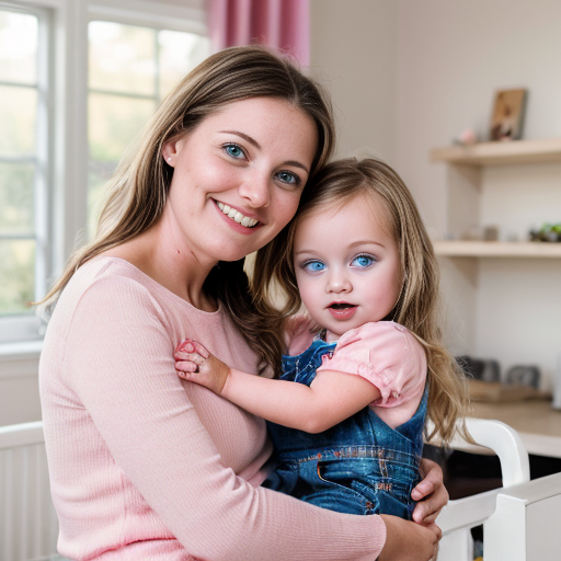 create a family photo of a 27 year old mother with dark blonde hair with blue eyes and her 2 year old daughter with blonde hair with blue eyes in pink at a house
