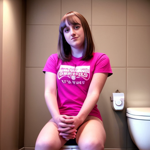 Age 9 Mara wilson wearing a pink t-shirt sitting on the toilet with a bare bottom and bare legs
