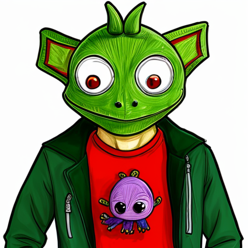 dumaloq tanali va bitta ko'zli kulguli  qizil shimli ko'k jaketli yashil maxluqni  chizib bering