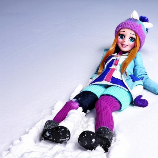 Create a pinkie pie equestria girls wearing light blue knit hats, light blue winter jacket, light blue mittens, purple pants and light blue boots in on back - lying down snow and making a snow angel in eyes closed and tooths grinw