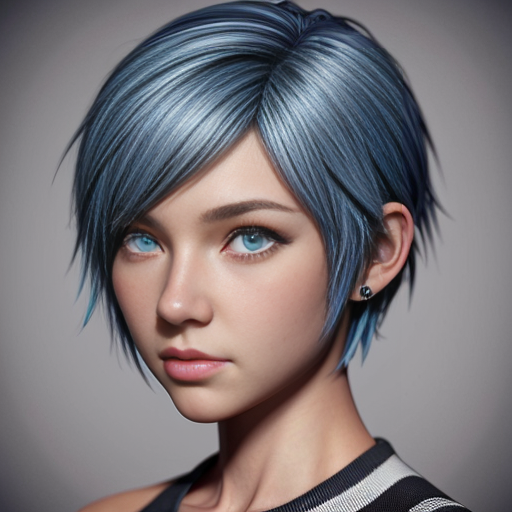 Simple anime cartoon style. Female. Short azure blue hair in an extremely short Spikey pixie cut. Blue eyes. Head shot.