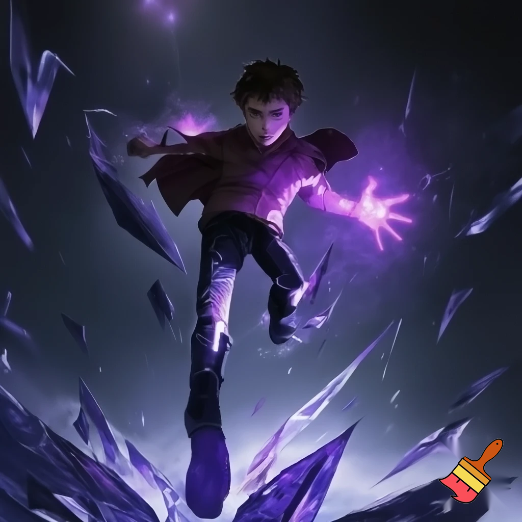 teen boy being enveloped by purple tinted ice shards, his hands glowing purple, and he is floating slightly as though ascending