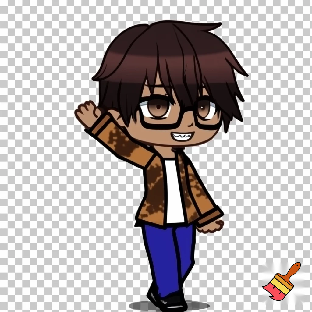 A Gacha brown skinned boy with dark brown hair, brown glasses and a brown pattern jacket with a white shirt, blue pants and black shoes. Waving at the camera 
