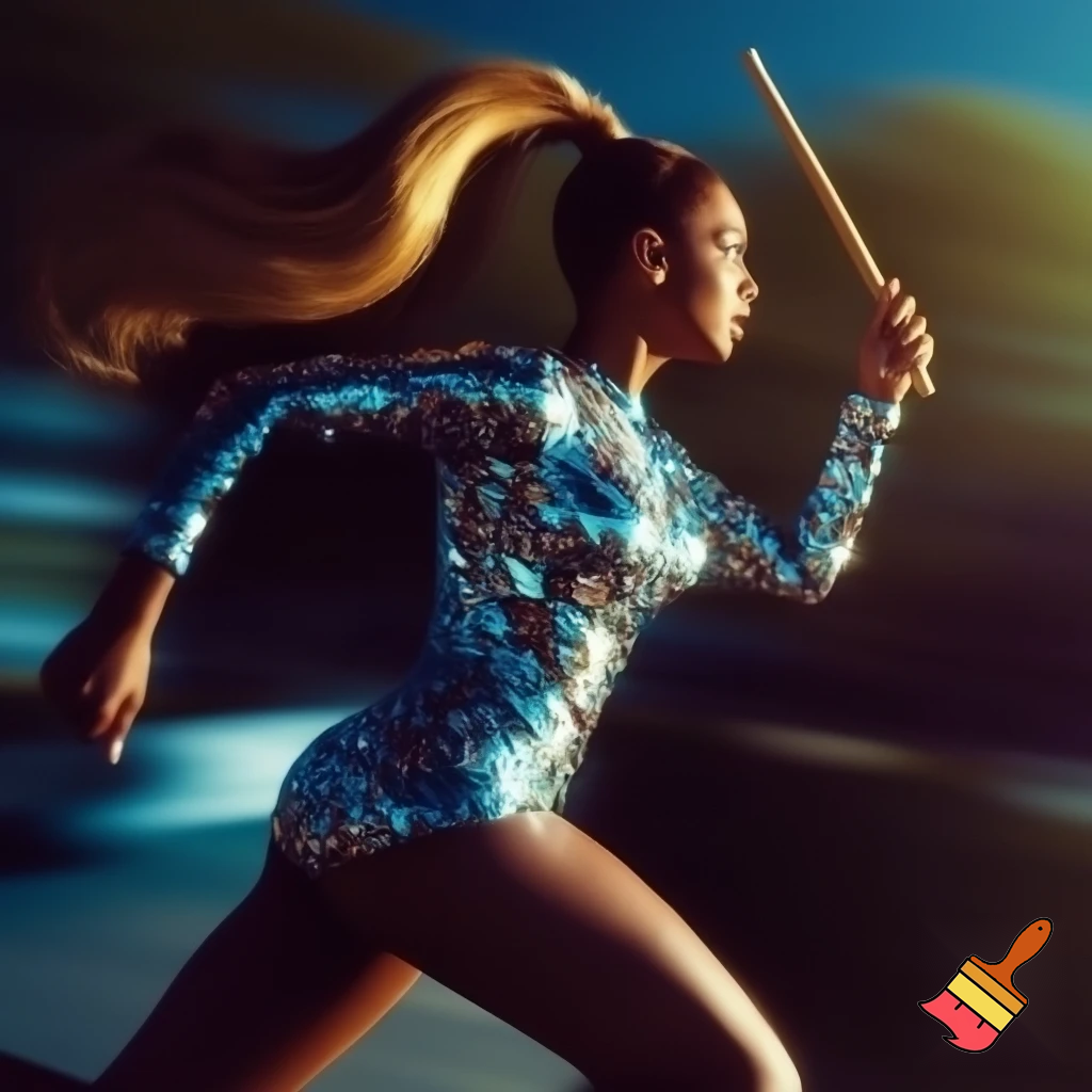 Beyonce with honey blonde slick ponytail runnning blurry photo with a diamond bodysuit chasing with a stick