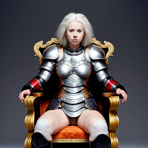 young tall white-haired woman in armor sits on a throne