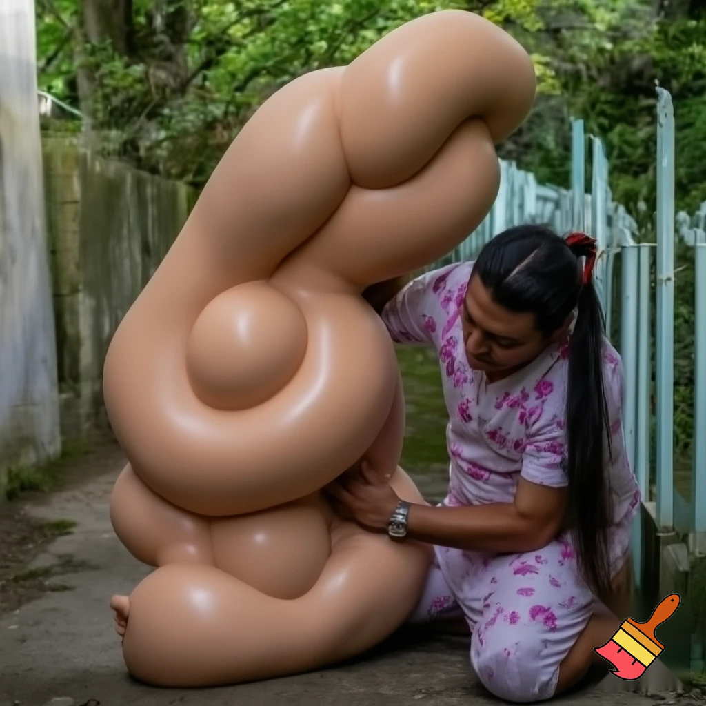 A man with GIGANTIC balls and very realistic penis with spit all over it, girl kneeling next to him moaning