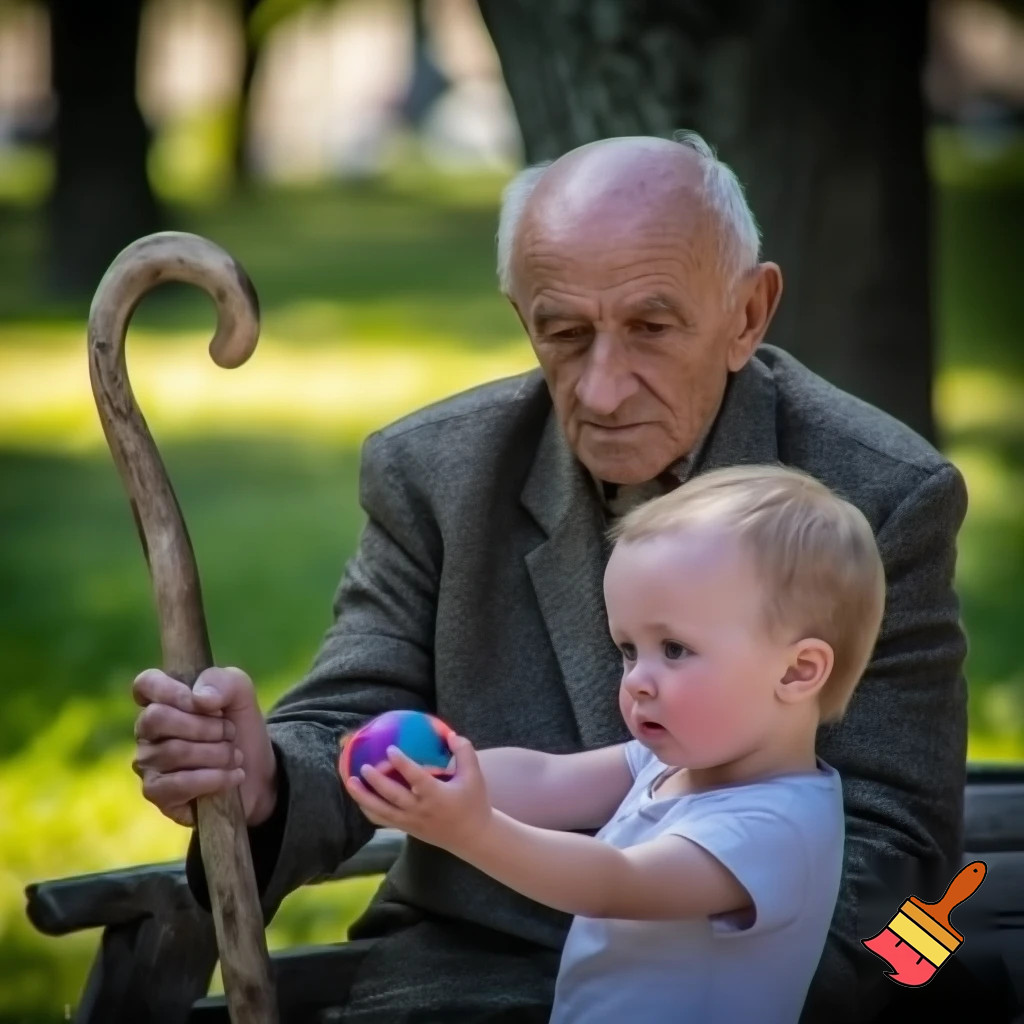 An old man is holding a stick, and a child wants to give him a ball.