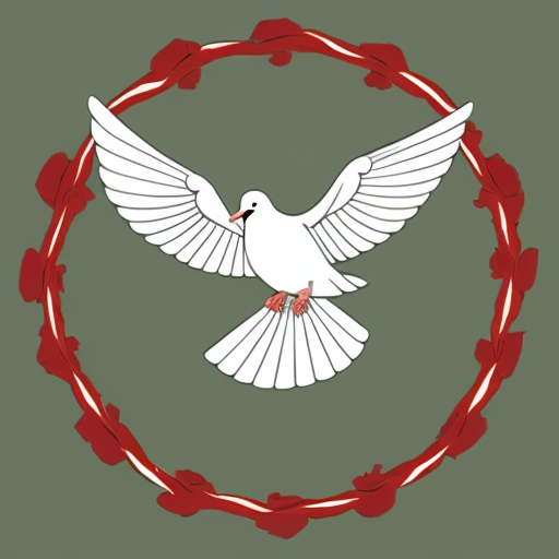 a flag with a dove in the middle and line designs behind the dove and in the mouth have a flower and the background green
