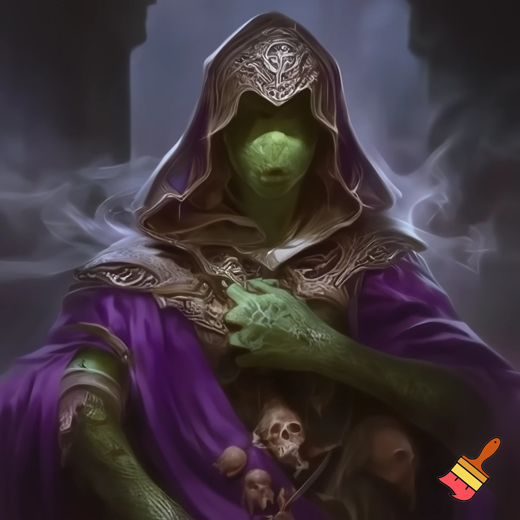Gorgon shamaness with covered face. Purple clothing. Green skin and scales. High quality. In the style of dungeons and dragons.