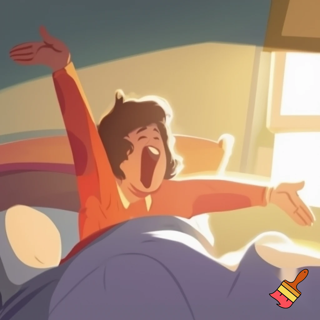 “Person sitting in bed, stretching arms and yawning, blanket on bed, morning sunlight, bedroom, simple cartoon style, bright colors”
