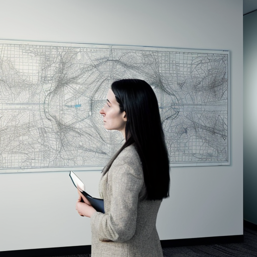 A calm, thoughtful professional woman standing in front of a large abstract map or schematic diagram with blurred and undefined paths, symbolizing uncertainty. She is not stressed, but reflective. Soft lighting, modern office environment, minimalist style, neutral tones. The mood conveys strategic thinking, responsibility, and long-term vision. Professional, realistic illustration or cinematic photography style.