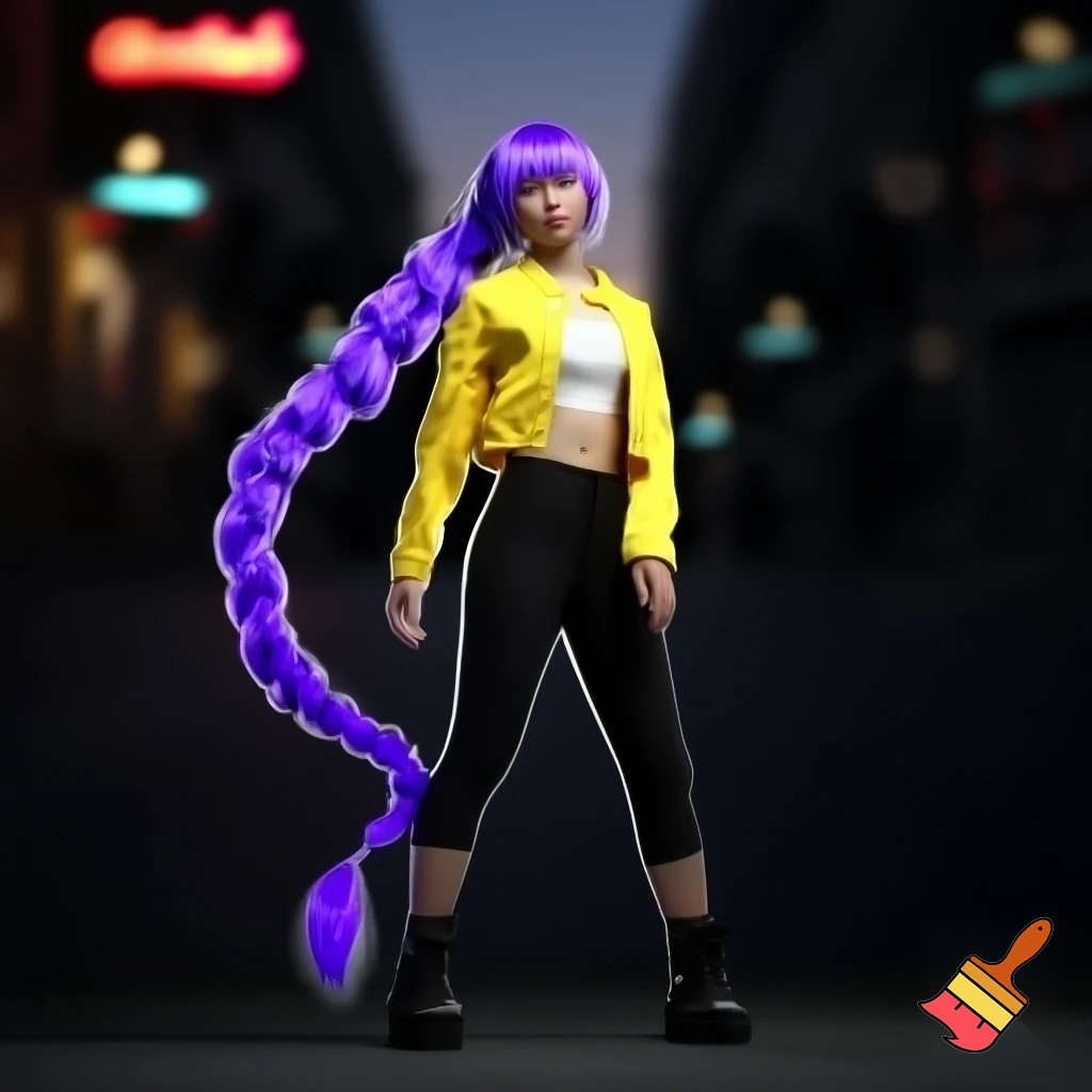 rumi, the main character in the animated film KPop Demon Hunters, is described as a slim and athletic young Korean woman in her early twenties. Her physical description in the film is highly stylized to reflect K-pop idol beauty standards, but the character design also emphasizes her strength and agility as a demon hunter. ties, reconciling her dual nature and the markings that appear on her skin. The hair is a vibrant, brilliant purple (often described as lavender or lilac in fan discussions). Unlike the demon patterns on her body which change color, the purple hair is a static feature that she has had since childhood, suggesting it is a natural result of her half-demon heritage rather than dye.
Style: Her hair is typically styled in a very long, high-swept braid that reaches down to her calves or even ankles. The specific braiding technique is most often a dragon braid or pull-through braid, which gives it a voluminous, segmented, and rope-like appearance that can whip around dramatically during fight scenes. with a yellow jacket and a white top and black pants  short and black boots