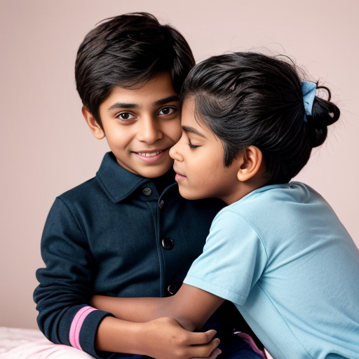 n Indian boy holding an Indian girl with his hands. 
The girl gently kisses the boy’s forehead. 
They both look like 21-year-old college students. 
The boy wears a light green shirt and black pants. 
The girl wears black pants, a sky blue top, and a black coat with shortand button closed . 
The girl’s skin tone is slightly darker than the boy’s. 
Background: a room with a plain white wall. 
The girl’s hair is tied neatly, like in a uniform style. 
Style: soft watercolor painting. 
Aura glow: pastel aura (pink + blue mix)