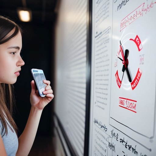 “A student distracted by phone, snacks, and noise. Clock showing time passing. Red cross mark. Whiteboard doodle style.”