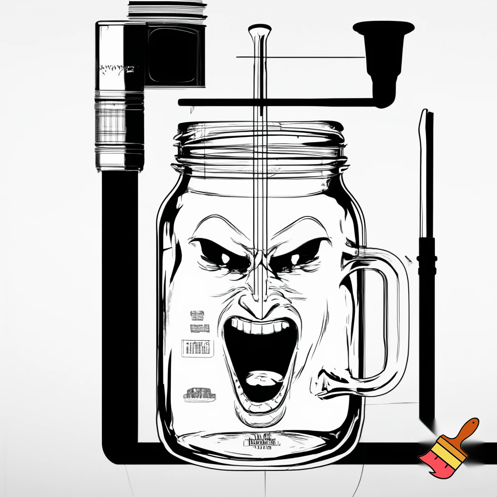 "A black and white diagram of a mason jar water pipe, with labels for 'MOUTHPIECE', 'DOWNSPOUT', 'BOWL HOLE', and 'MASON JAR'. The jar has an extremely angry, seething face with an open, shouting mouth, conveying intense, boiling rage that is trying to break free from the diagram's constraints."