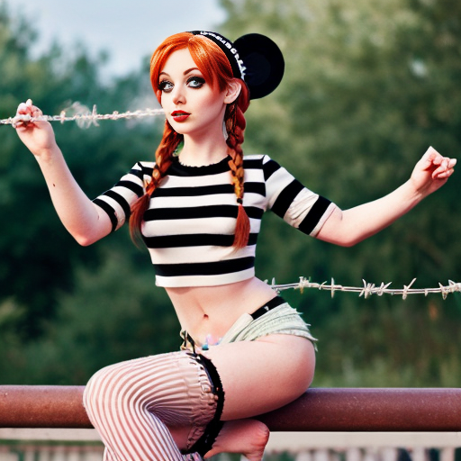 Disney style Tinkerbell, punk rock, thigh high socks black white striped, barbed wire wings, smoking a cigarette , 2 pigtails top of head, red hair 