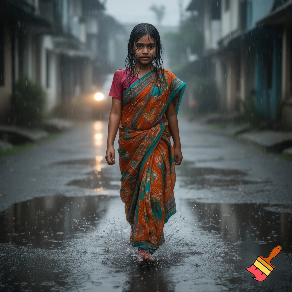 Indian girl walk in heavy 