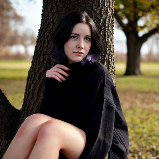 woman in her early twenties with white hair and violet eyes. wearing a cozy black sweater with a tan collar. she is sitting against a tree with only the bark visible behind her.