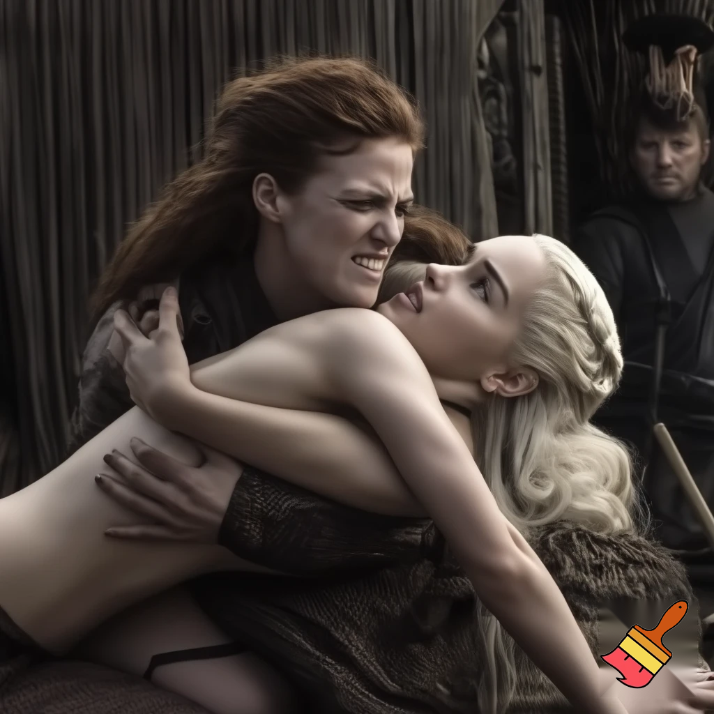 Rose Leslie and Daenerys Targaryen fighting in a hut, Rose Leslie is is sitting astride on top of Daenerys .both are naked and hugged togheter