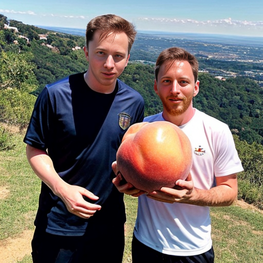 Elon touching a large peach on a hill and Messi there