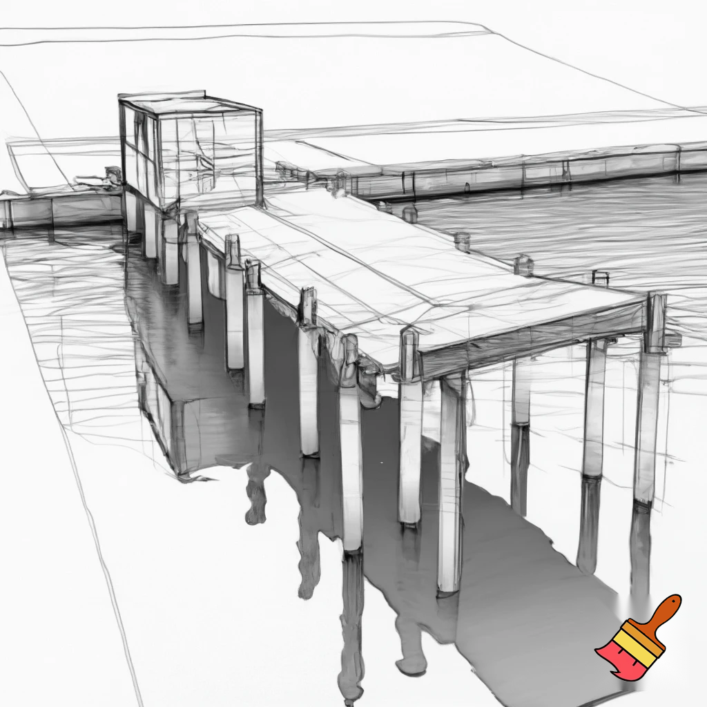A construction sketch of a dock over a small pond with 18 pilings and a  terminal shaped end over the water 