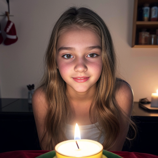 caucasian cute teen girl, skinr, , , seethrou, red lips, full body, b, sideview,, frontview, christmas, cmltoe, opening, nighttime, candles, young,looks at camera, naked