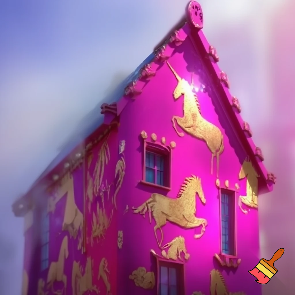 building with walls painted bright pink and magenta with golden unicorn motifs 