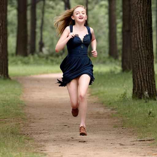 Dakota Fanning, young actress, her dress is torn, she is running through a wood, her breast is exposed