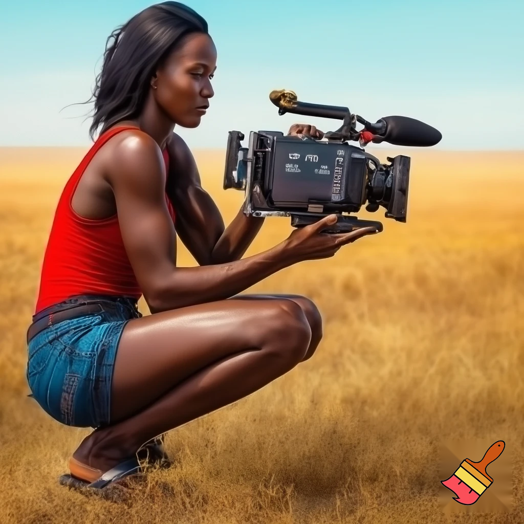 A cute and muscular black-long-and-side-swept-banged-haired fair white woman with arriflex digital camera and wearing red tank top and woman's blue short jeans and putting the sandals on her feet is filmming the plains of the Serengeti in Tanzania.