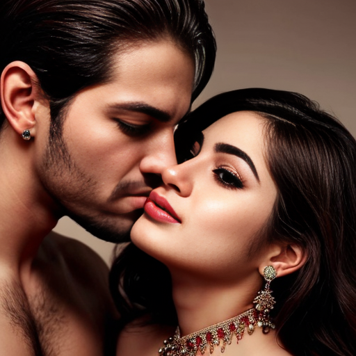 A adult girl wear shalwar kamiz with adult boy without shirt kissing 