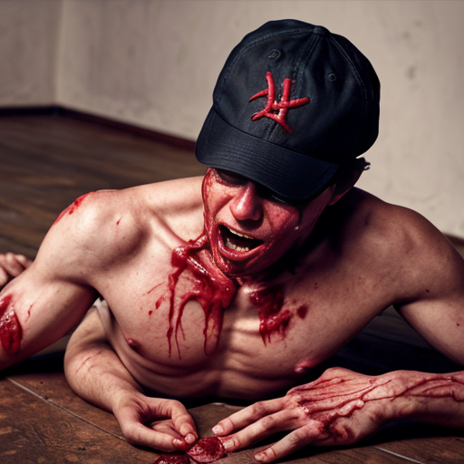 Lifeless man body (18-years old) with red cap on floor, shirt pull into shirtless, blood and organs exposed ribs on center chest, both eyes closed, mouth bleeding blood. 