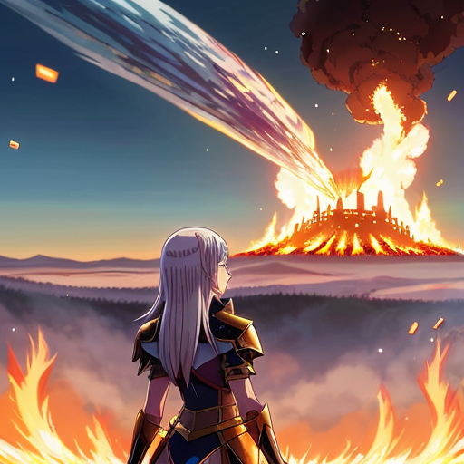 young, tall, white-haired woman in armor stands in front of a burning castle into which meteorites are falling.