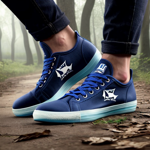 Make a shark with blue shoes on runing away into the woods fast the shark is wearing the shoes running