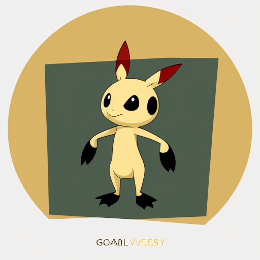 rubberhose bipedal, black, cat/weasel-like Dark/Ice-type Pokémon characterized by its sharp claws, golden yellow feathery crests, and a green forehead gem. Standing 3'07" tall, it features a red collar-like crown, two tail feathers, and green, almond-shaped eyes with dark lashes. pokemon big claws and big feet