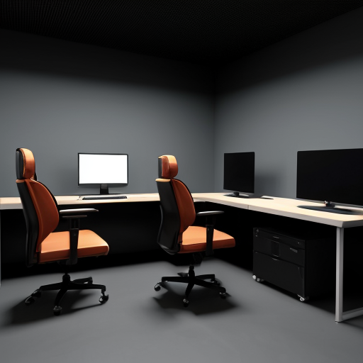 Create a background for the intended streamer. The streamer's chair should face the computers, and the space should be dark to create a tense atmosphere.