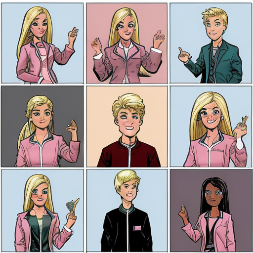 planche de bande dessinée humoristique en 6 cases (grille 3x2), style BD colorée, décor : parking d’un lycée, personnages récurrents : une fille blonde confiante style Barbie (queue de cheval, vêtements roses) et un garçon blond style Ken (veste de lycée).

Case 1 : voiture décapotable rose en panne avec fumée, Ken retrousse ses manches avec confiance devant le moteur, Barbie lève un sourcil sceptique.

Case 2 : Barbie pointe le garçon du doigt comme une prof qui corrige une erreur, Ken regarde autour de lui confus.

Case 3 : Barbie explique quelque chose calmement, Ken a une petite bulle au-dessus de sa tête avec un cerveau et des engrenages qui bug.

Case 4 : Ken essaie de réparer le moteur et fait tomber des pièces, beaucoup de fumée, moment comique chaotique, Barbie met des gants de mécanicien.

Case 5 : Barbie répare le moteur facilement, la voiture redémarre, Ken la regarde avec surprise.

Case 6 : la voiture fonctionne, Barbie sourit fièrement bras croisés, Ken se gratte la tête gêné.

style bande dessinée moderne, couleurs vives, expressions exagérées, bulles de dialogue vides, lignes propres, ambiance humoristique scolaire